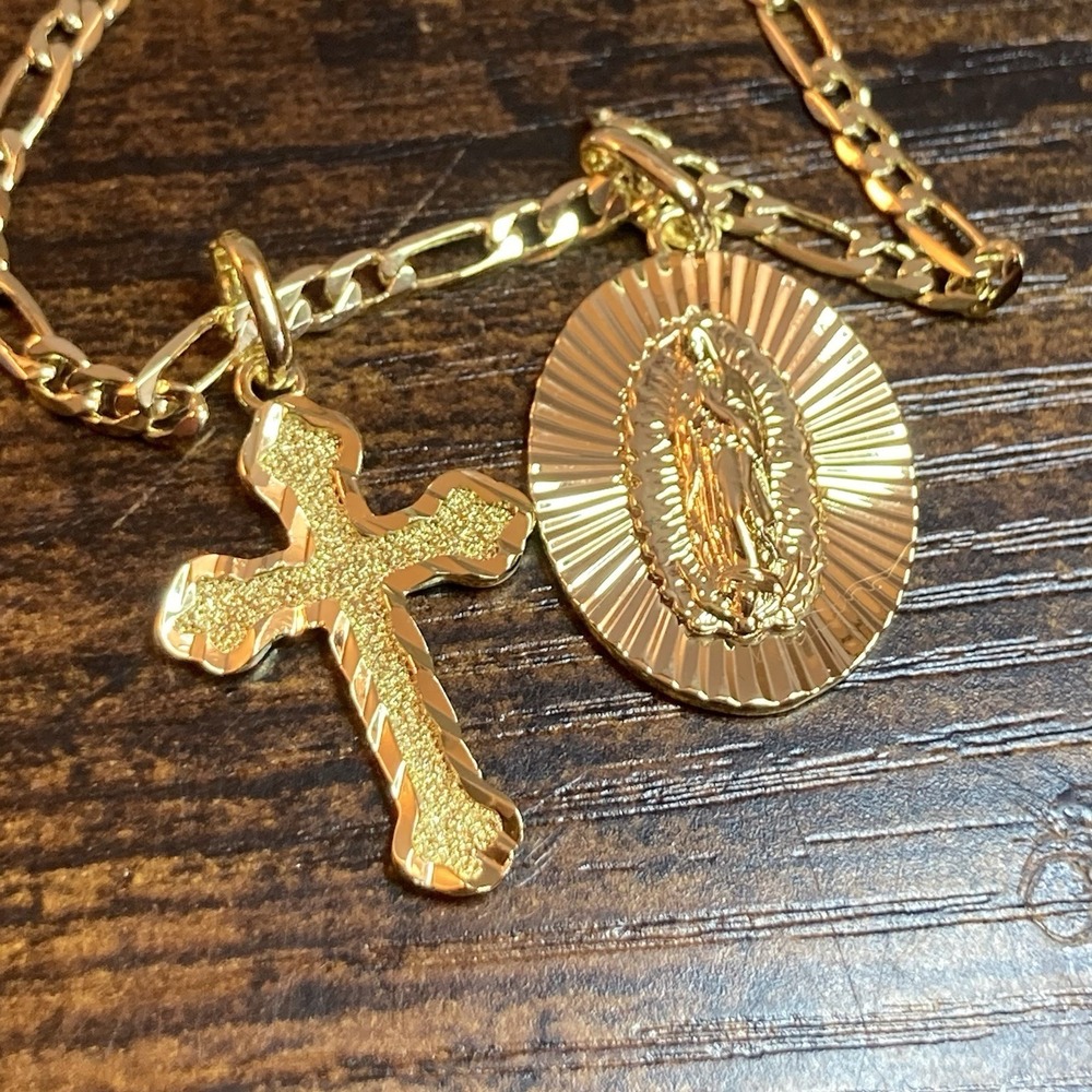 Kissyan‎ Gold Tone Figaro Chain Cross Virgin Mary Pendant Necklace 21"